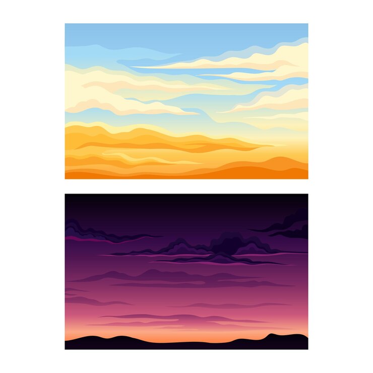 Vector escena del cielo con nubes a la deriva a través de ella y permaneciendo quieto conjunto vectorial