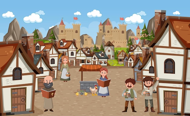 Escena de ciudad medieval con aldeanos.