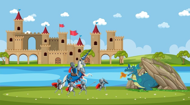 Vector escena de la ciudad medieval en estilo de dibujos animados