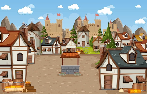 Vector escena de la ciudad medieval con fondo de castillo