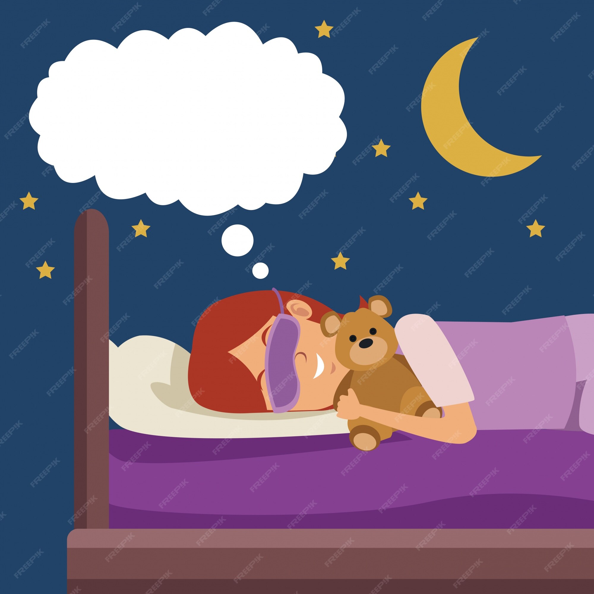 Escena colorida chica con máscara de sueño soñando en la cama por la noche abrazó a un oso de peluche | Vector Premium Escena colorida chica con máscara de sueño soñando en la cama por la noche abrazó a un oso de peluche | Vector Premium