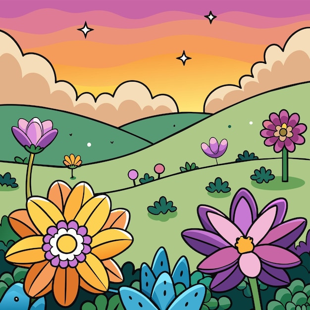 Vector una escena colorida con flores y hierba y una puesta de sol en el fondo