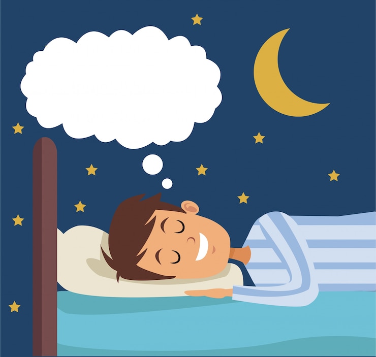 Vector escena colorida niño soñando en la cama por la noche