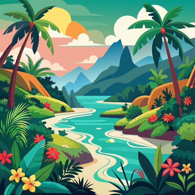 Vector una escena colorida con un río y montañas en el fondo