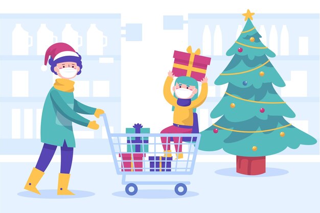 Vector escena de compras navideñas con máscaras.