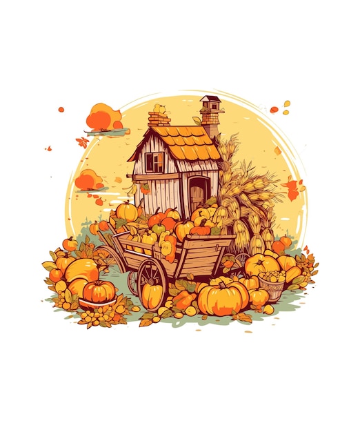 Escena de cosecha de otoño Escena de granja de cosecha Ilustración de granja de otoño Clipart de granja