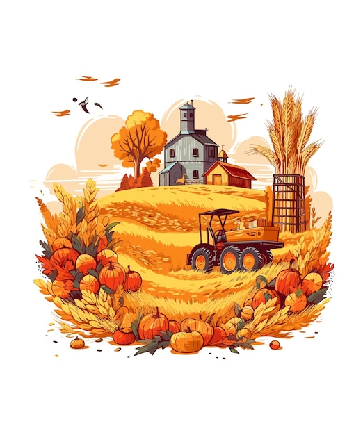 Escena de cosecha de otoño Escena de granja de cosecha Ilustración de granja de otoño Clipart de granja