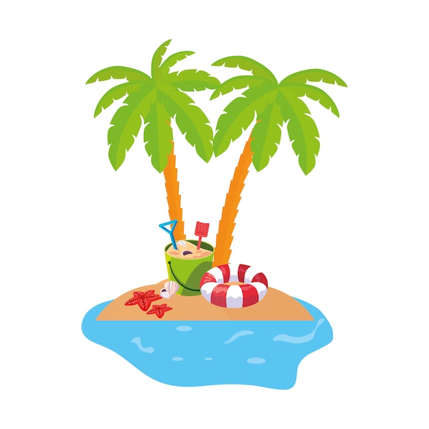 Vector escena de la costa de verano con palmeras y coco