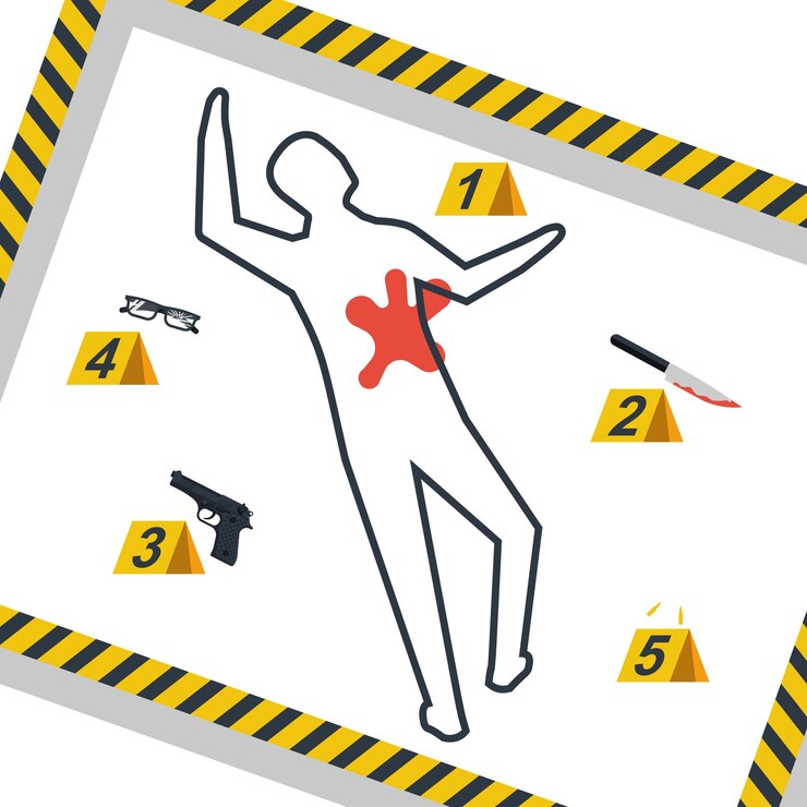 Vector escena del crimen cintas de peligro ilustración vectorial diseño plano aislado en el fondo evidencia en la escena del crimen un cuchillo en las balas de sangre un contorno del cuerpo con tiza vidrios rotos