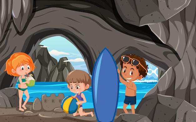 Vector en la escena de la cueva con niños explorando el personaje de dibujos animados