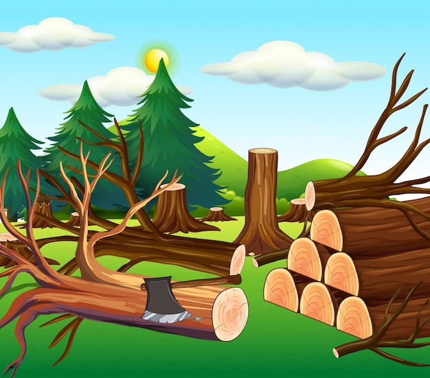 Vector escena de deforestación con maderas picadas