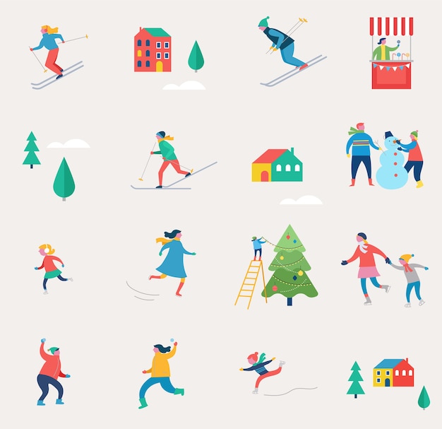 Escena de deportes de invierno, evento callejero de Navidad, festival y feria, con gente, familias se divierten