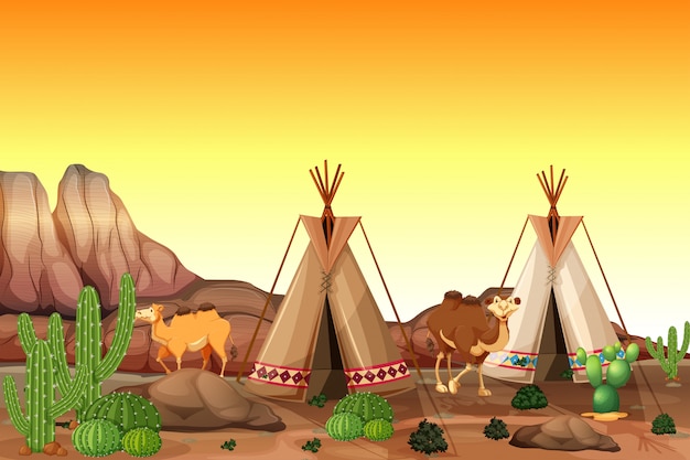 Vector escena del desierto con carpas y camellos.