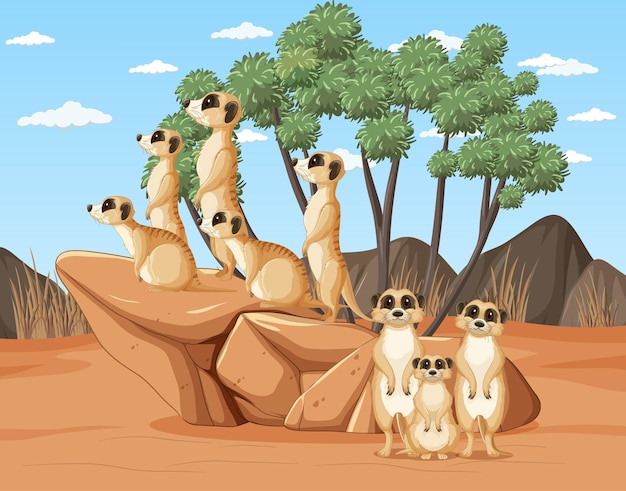 Escena del desierto con un grupo de suricatas.