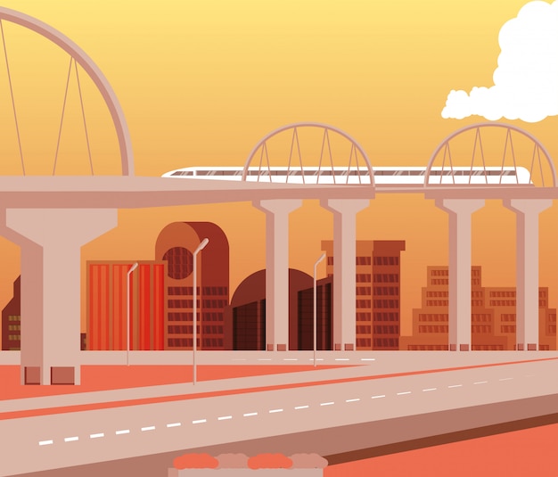 Vector escena del día de edificios del paisaje urbano con puentes y carreteras