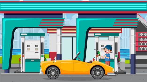 Vector escena de dibujos animados de gasolinera