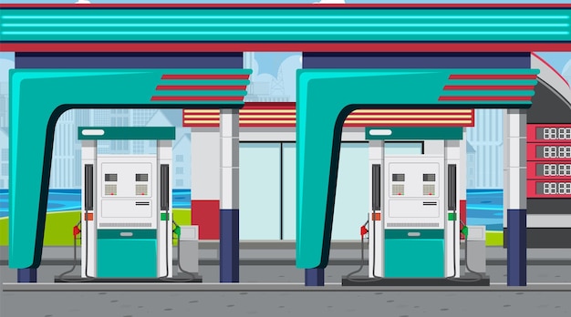 Vector escena de dibujos animados de gasolinera