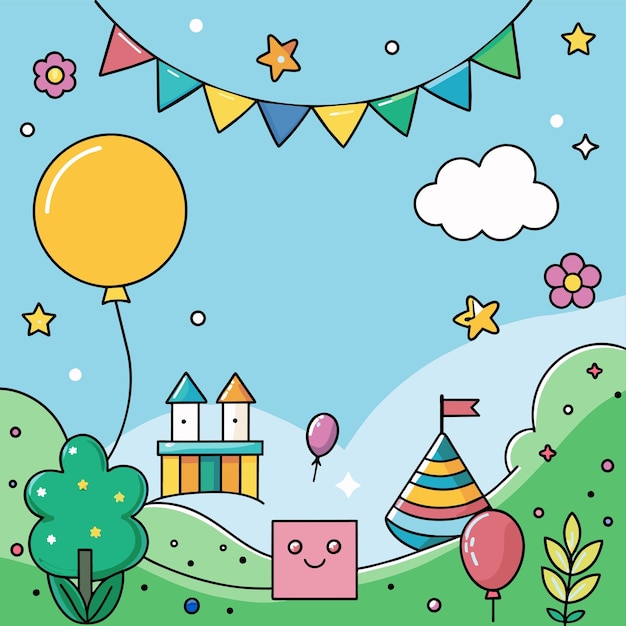 una escena de dibujos animados con un globo y una casa con una cuerda que dice "Feliz cumpleaños"