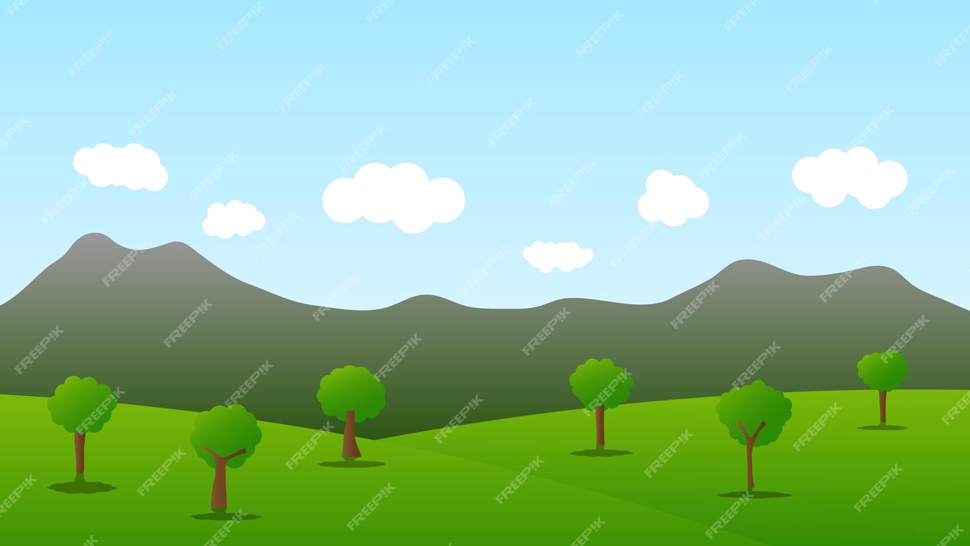 Escena de dibujos animados de paisaje con árbol verde en la colina y nube blanca en el fondo del cielo azul | Vector Premium Escena de dibujos animados de paisaje con árbol verde en la colina y nube blanca en el fondo del cielo azul | Vector Premium