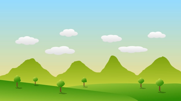 Vector escena de dibujos animados de paisaje con árboles verdes en las colinas y nubes blancas y esponjosas en el cielo azul