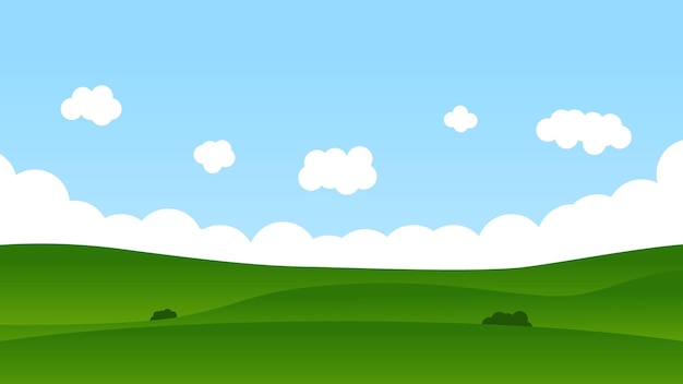 Vector escena de dibujos animados de paisaje con campo verde y cielo azul