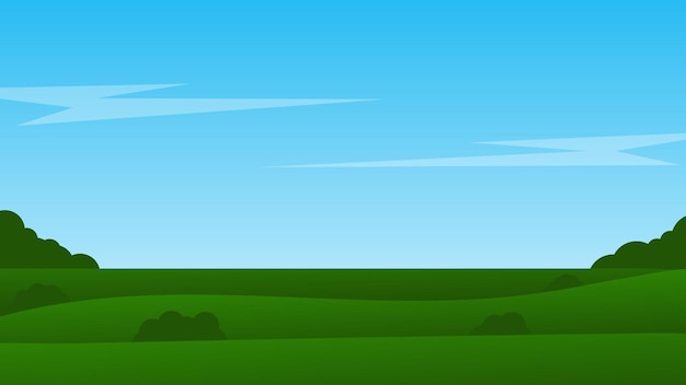 Vector escena de dibujos animados de paisaje con campo verde y nube blanca en el fondo azul del cielo de verano