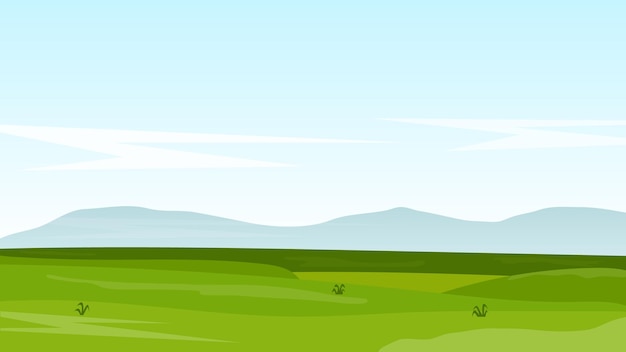 escena de dibujos animados de paisaje con campo verde y nube blanca en el fondo azul del cielo de verano