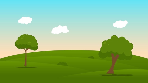 Vector escena de dibujos animados de paisaje con campo verde y nube blanca en el fondo del cielo azul de verano