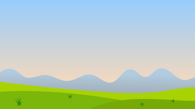 Vector escena de dibujos animados de paisaje con colinas verdes y montaña con fondo de cielo azul con espacio de copia