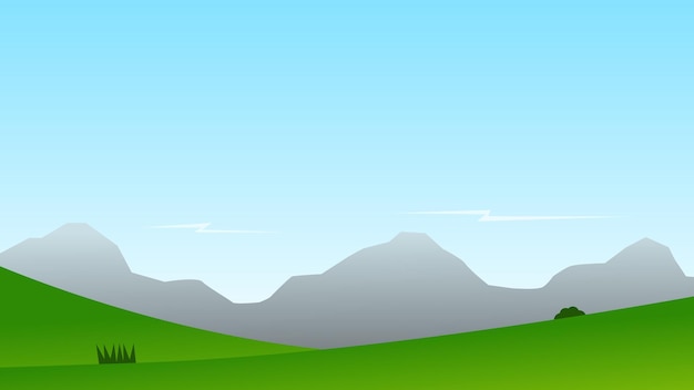 Vector escena de dibujos animados de paisaje con colinas verdes y montaña en el fondo del cielo azul de verano