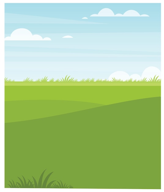 Escena de dibujos animados de paisaje con colinas verdes y nubes blancas en el fondo de cielo azul de verano
