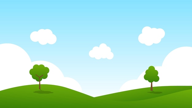 Vector escena de dibujos animados de paisaje con colinas verdes y nubes blancas en el fondo de cielo azul de verano