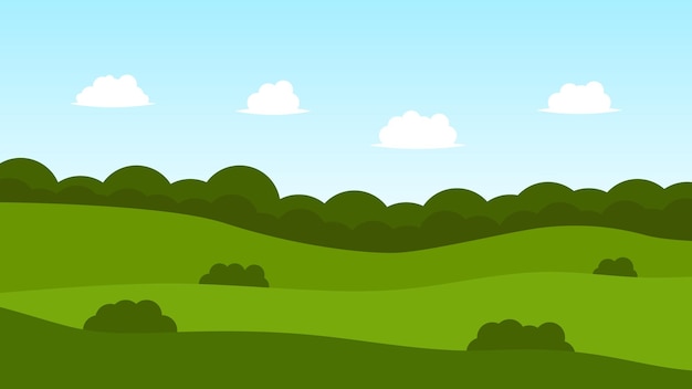 escena de dibujos animados de paisaje con colinas verdes y nubes blancas en el fondo del cielo azul de verano