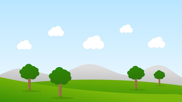 Vector escena de dibujos animados de paisaje con colinas verdes y nubes blancas en el fondo de cielo azul de verano