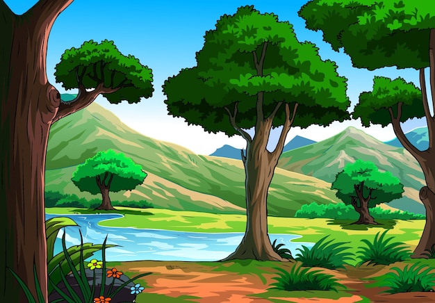 Una escena de dibujos animados con un río y árboles.