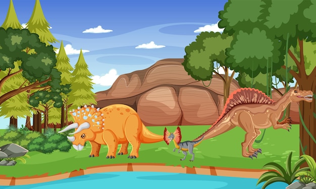 Vector escena con dinosaurios en el bosque.