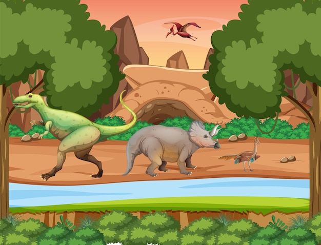 Escena con dinosaurios en el bosque.