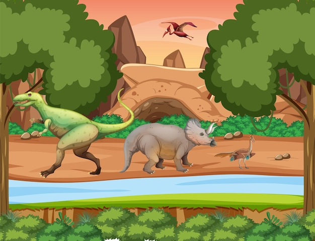 Vector escena con dinosaurios en el bosque.