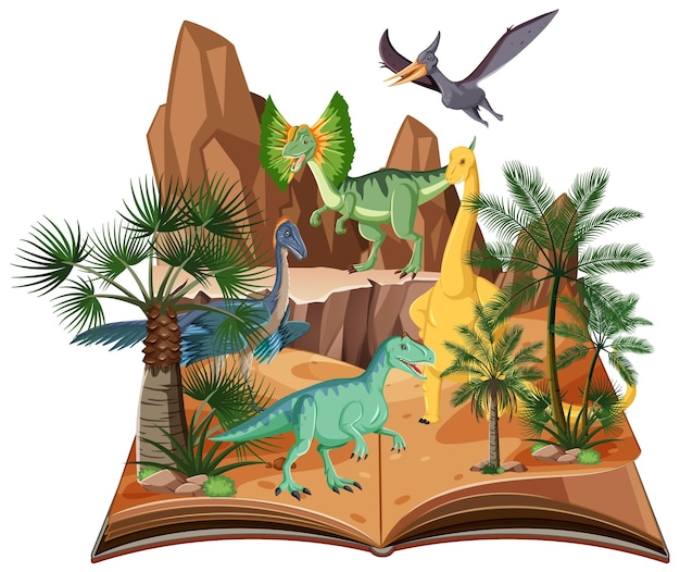 Vector escena con dinosaurios en el bosque.