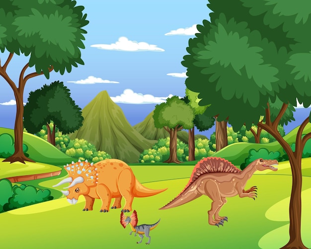 Escena con dinosaurios en el bosque.