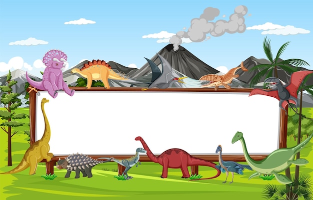 Vector escena con dinosaurios y pizarra en el campo.