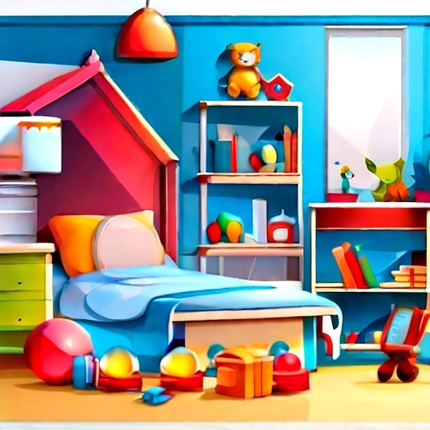 escena de dormitorio aislado con libros y juguetes vector