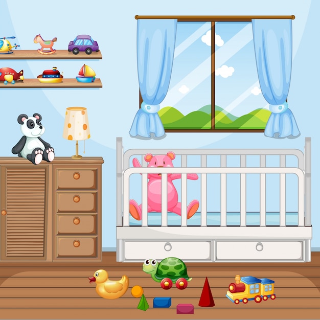 Vector escena del dormitorio con cuna y muchos juguetes