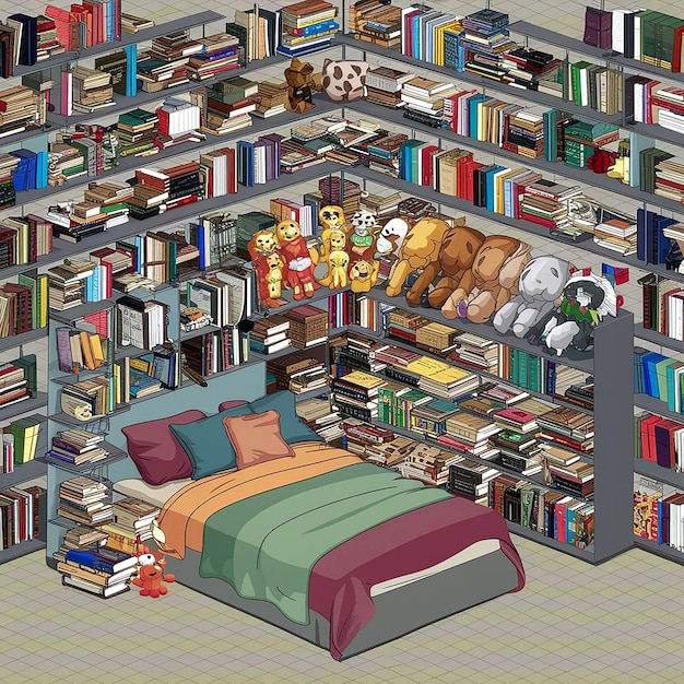 escena del dormitorio con libros y juguetes aislados