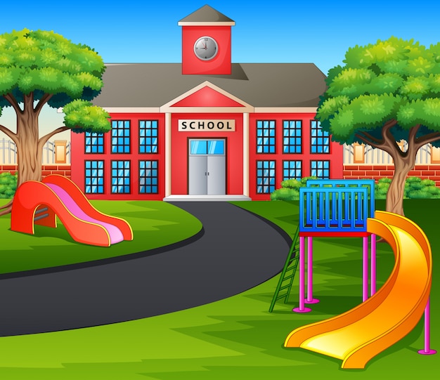 Vector escena con edificio escolar y parque infantil