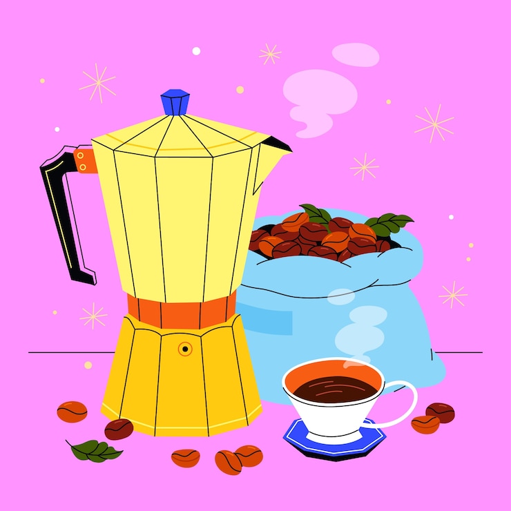 Vector escena de elaboración del café: olla de moka, frijoles y taza de café