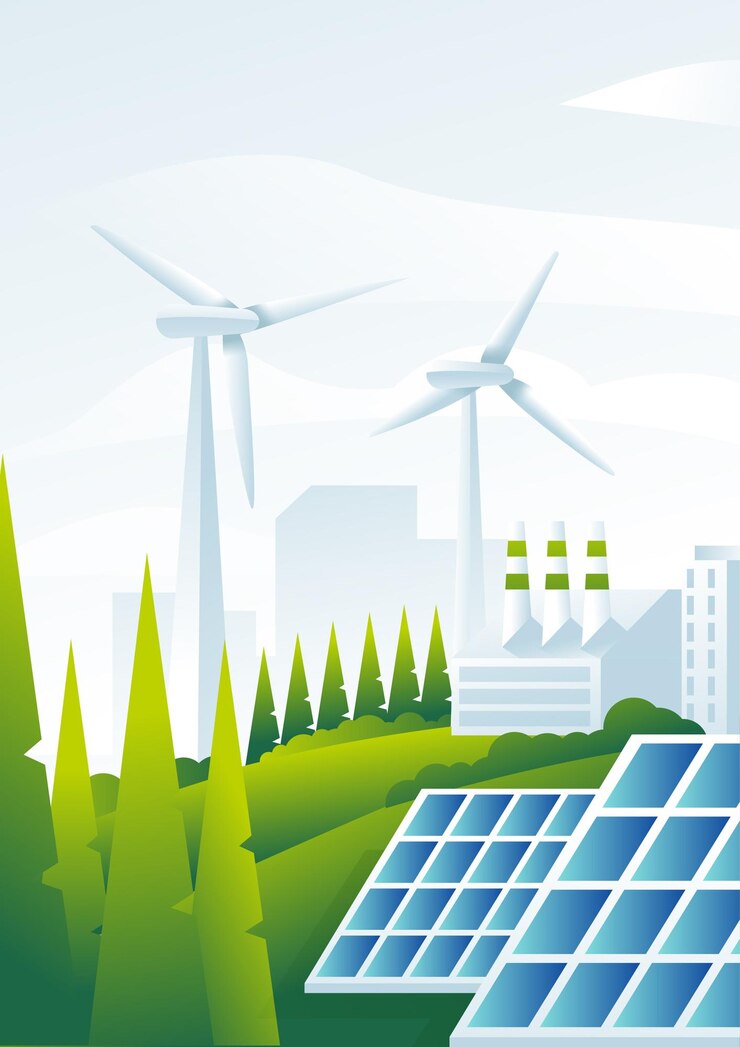 Escena de energía verde con paneles solares y tribunas de viento ilustración vectorial
