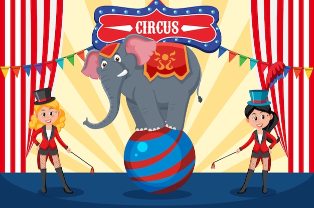 Vector escena de escenario con elefante balanceándose en pelota