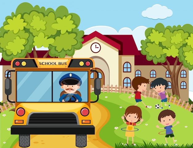 Escena de la escuela con conductor de autobús y niños en el parque