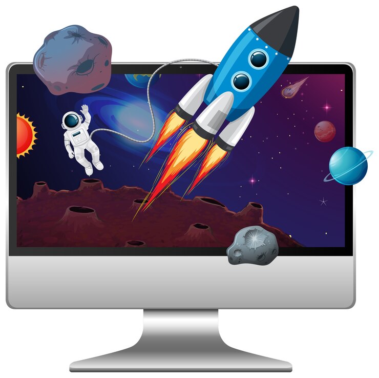 Vector escena espacial en el escritorio de la computadora